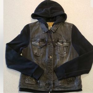 PRE-Loved AEO Denim Jacket Mens size M Black Sweatshirt Hooded Stretch